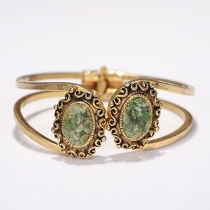 Vintage Jade Flower Gold Tone Clamper Cuff Bracelet